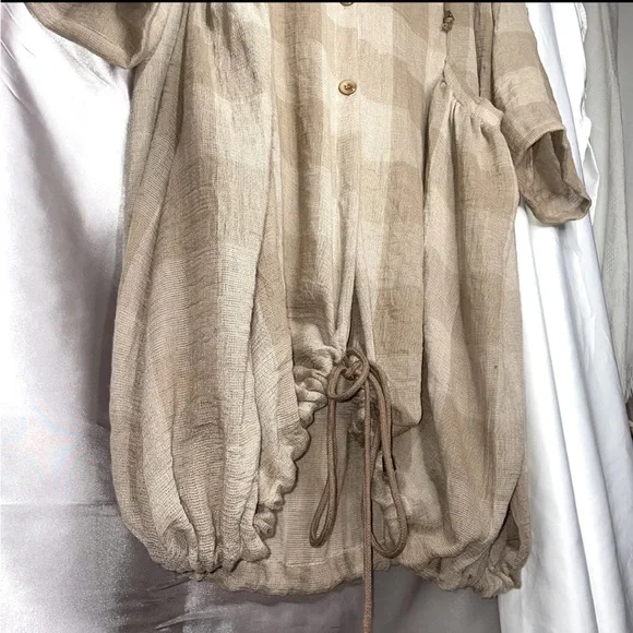 Natural Plaid Check Lagenlook Tunic Dress Size Large Drawstring Button Front - Picture 2 of 14